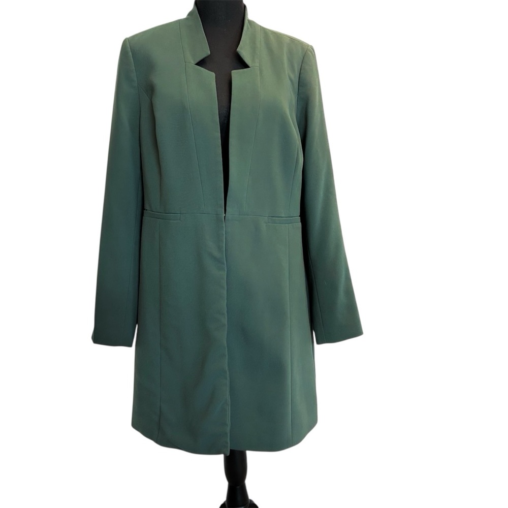 Melanie Lyne forest green long blazer coat open front clasp closure Sz 12 NWOT